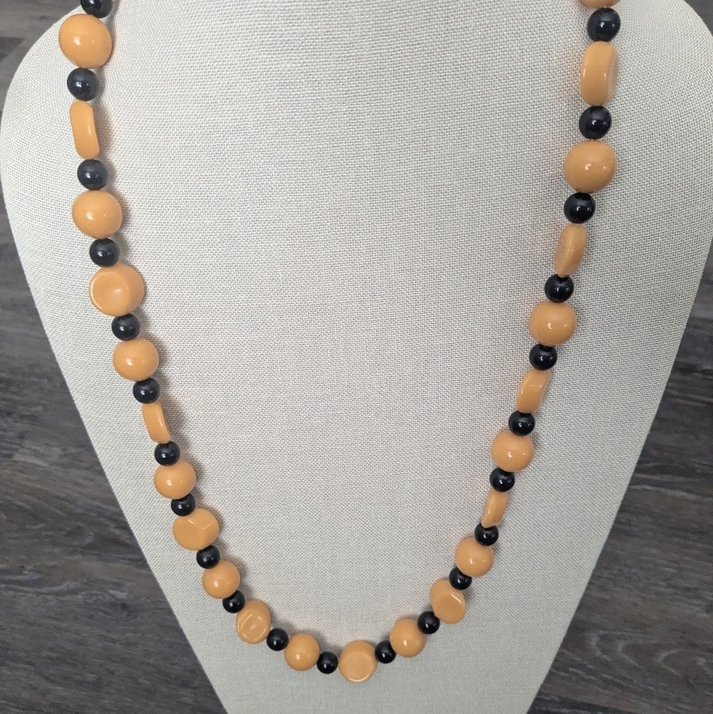 Vintage Mid Century Butterscotch Lucite & Black Beaded Necklace Retro
